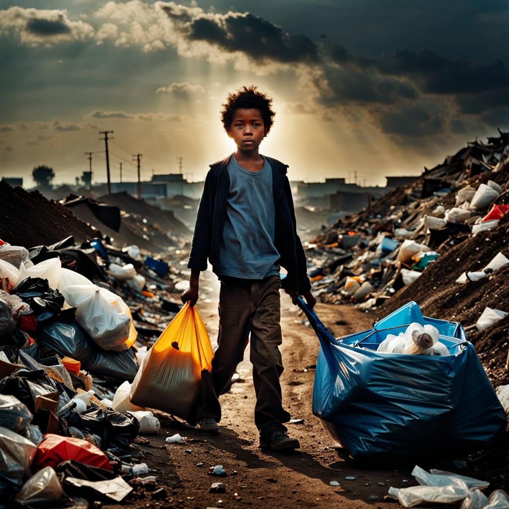 Worn Child Transports Garbage: Photojournalistic Portrait