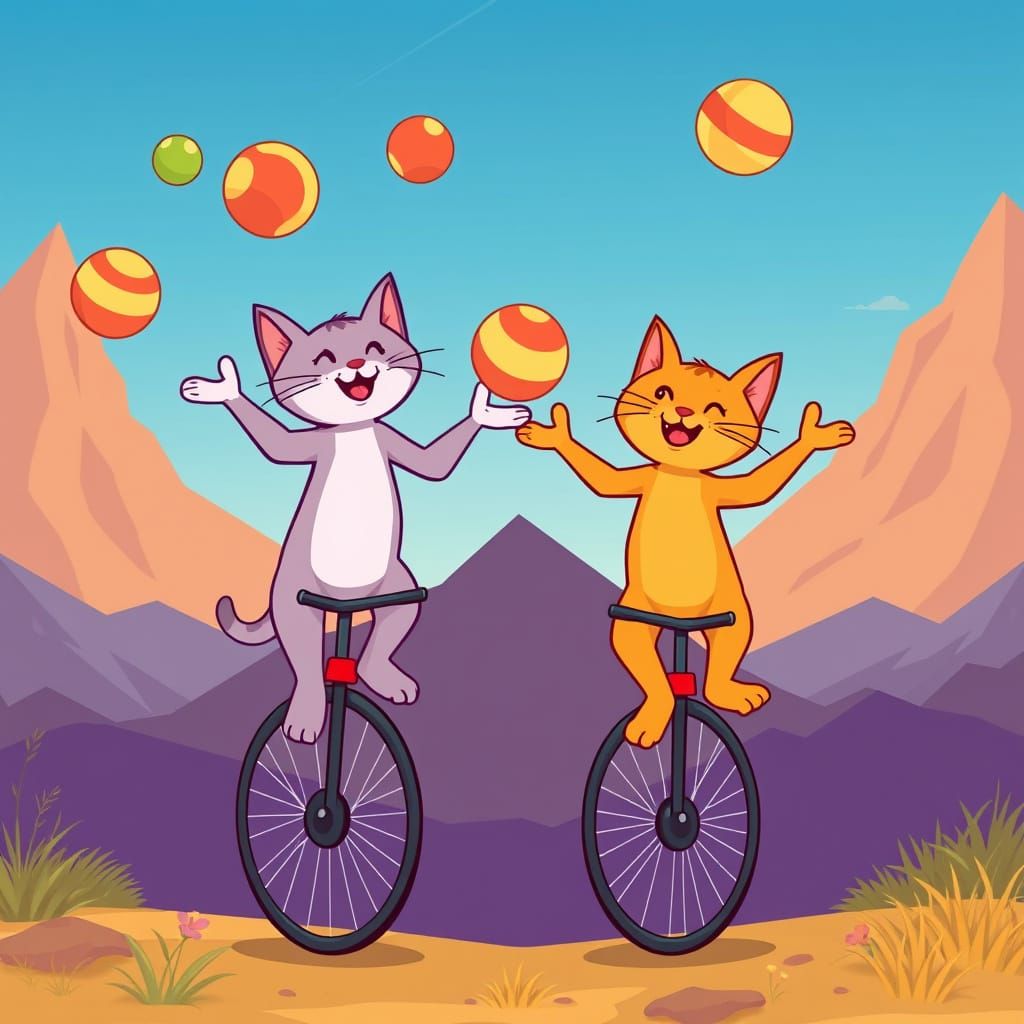 Whimsical Cats Perform Acrobatic Feats in a Majestic Landsca...