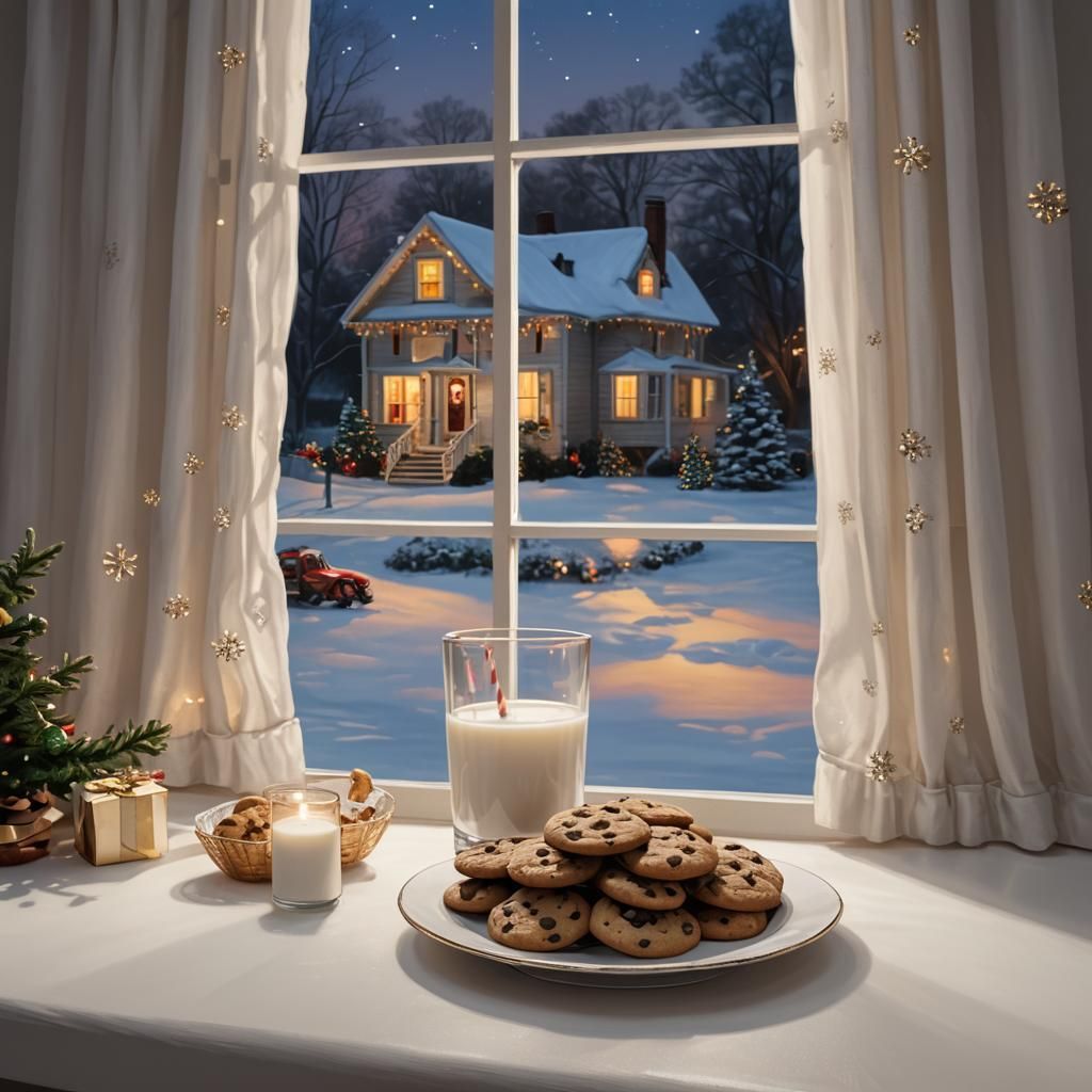 Christmas Eve Cookies and Milk, Hyperrealistic Splash Art