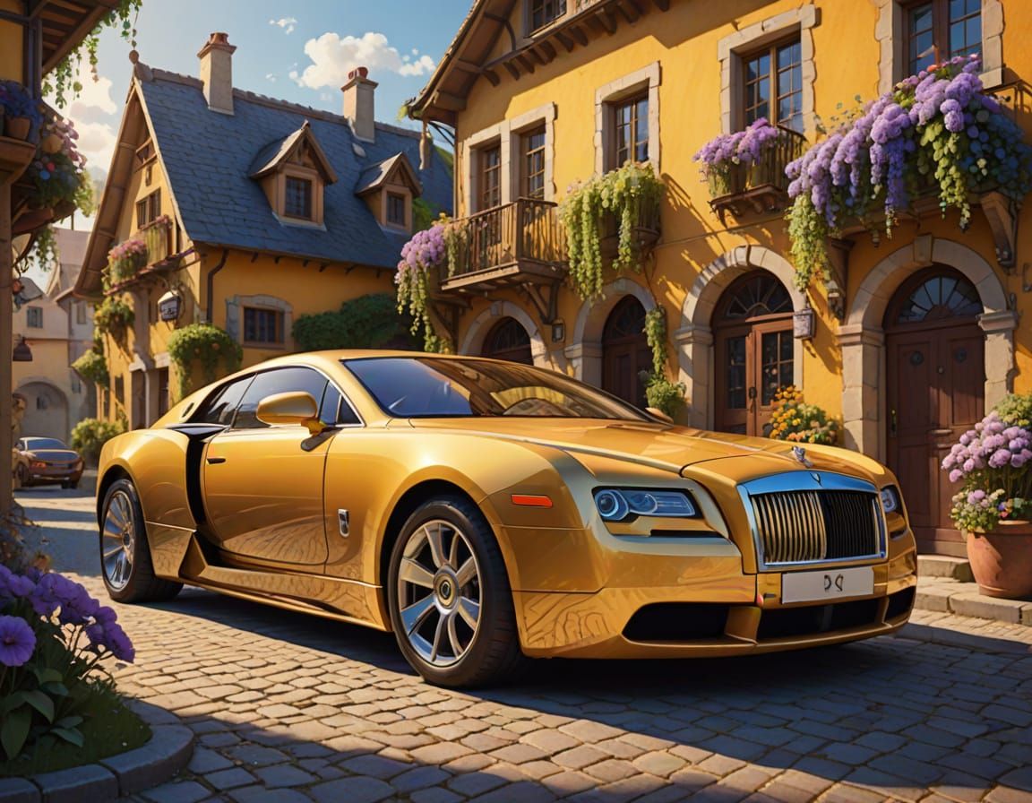 Dreamlike Village with Yellow Rolls-Royce in Art Nouveau Sty...