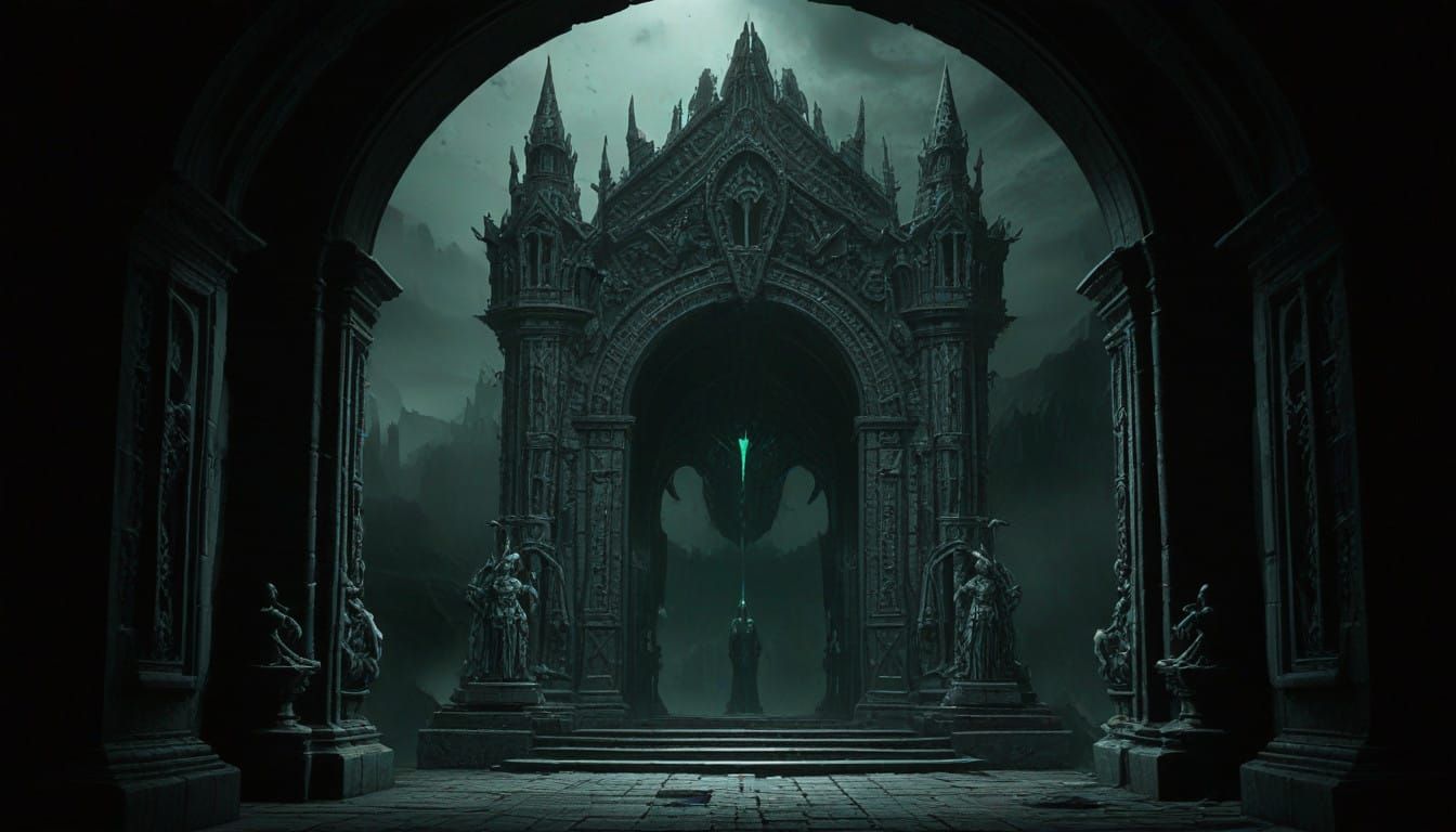 Obsidian Gateway Beckons Silhouetted Figures in Eerie, Arcan...
