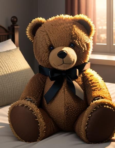 Detailed Portrait of Smiling Teddy Bear at Sunset