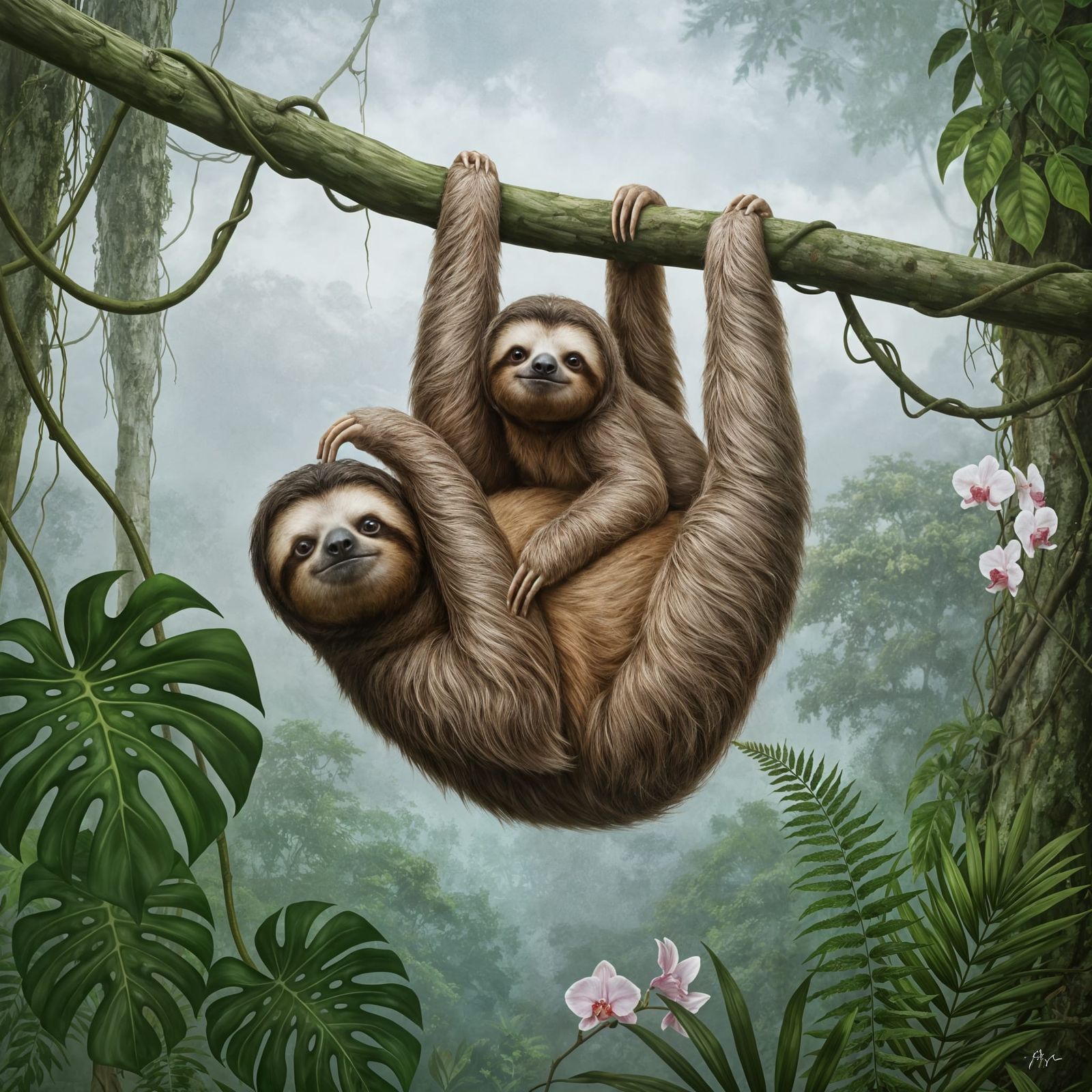 Endearing Young Sloth Clinging to Mother in Rainforest