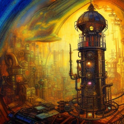 Steampunk Tower Blueprint as Oil Painting