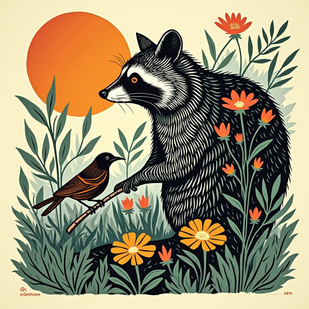 chickadee and raccoon. woodcut, linocut, relief print, minimalist, bold varied lines, large shapes of colors