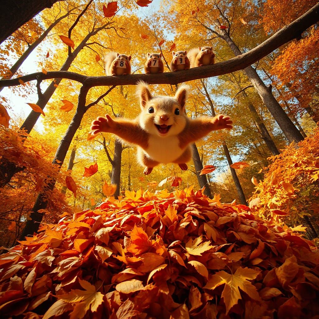Cute Squirrel Belly Flops into Autumn Leaves
