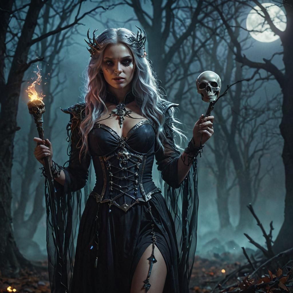 A beautiful witch holding skull scepter