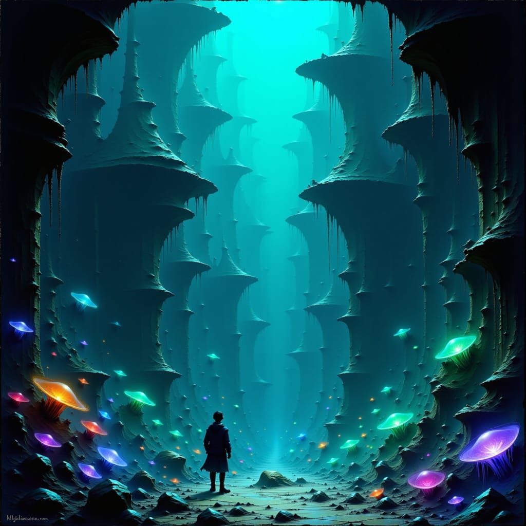 Sunken City Illuminated by Ethereal Jellyfish in Matte Paint...