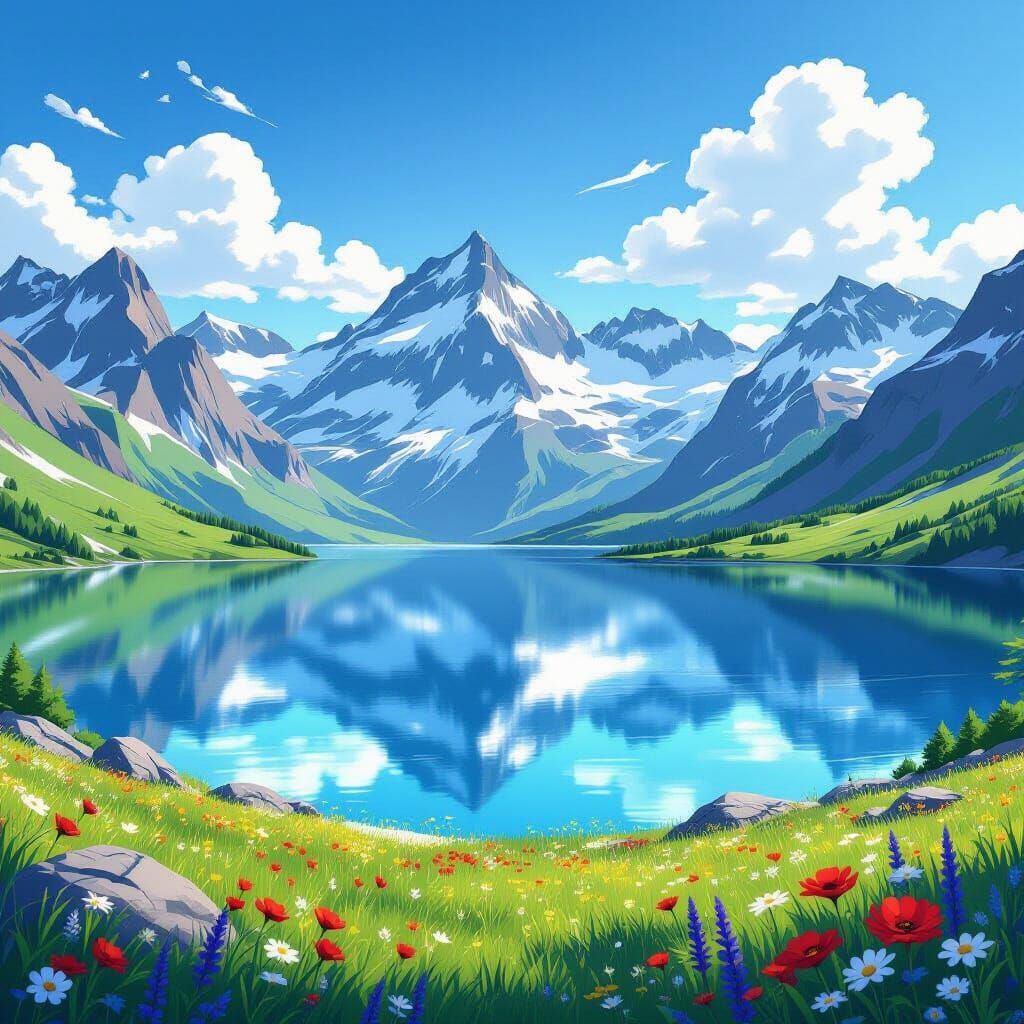 Mirror Lake Reflecting Jagged Peaks in Anime Style