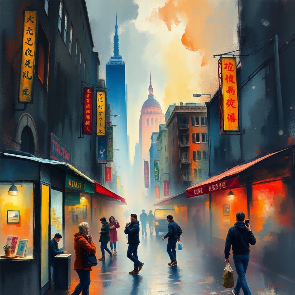 Impressionist Cityscape at Night in Gouache Style