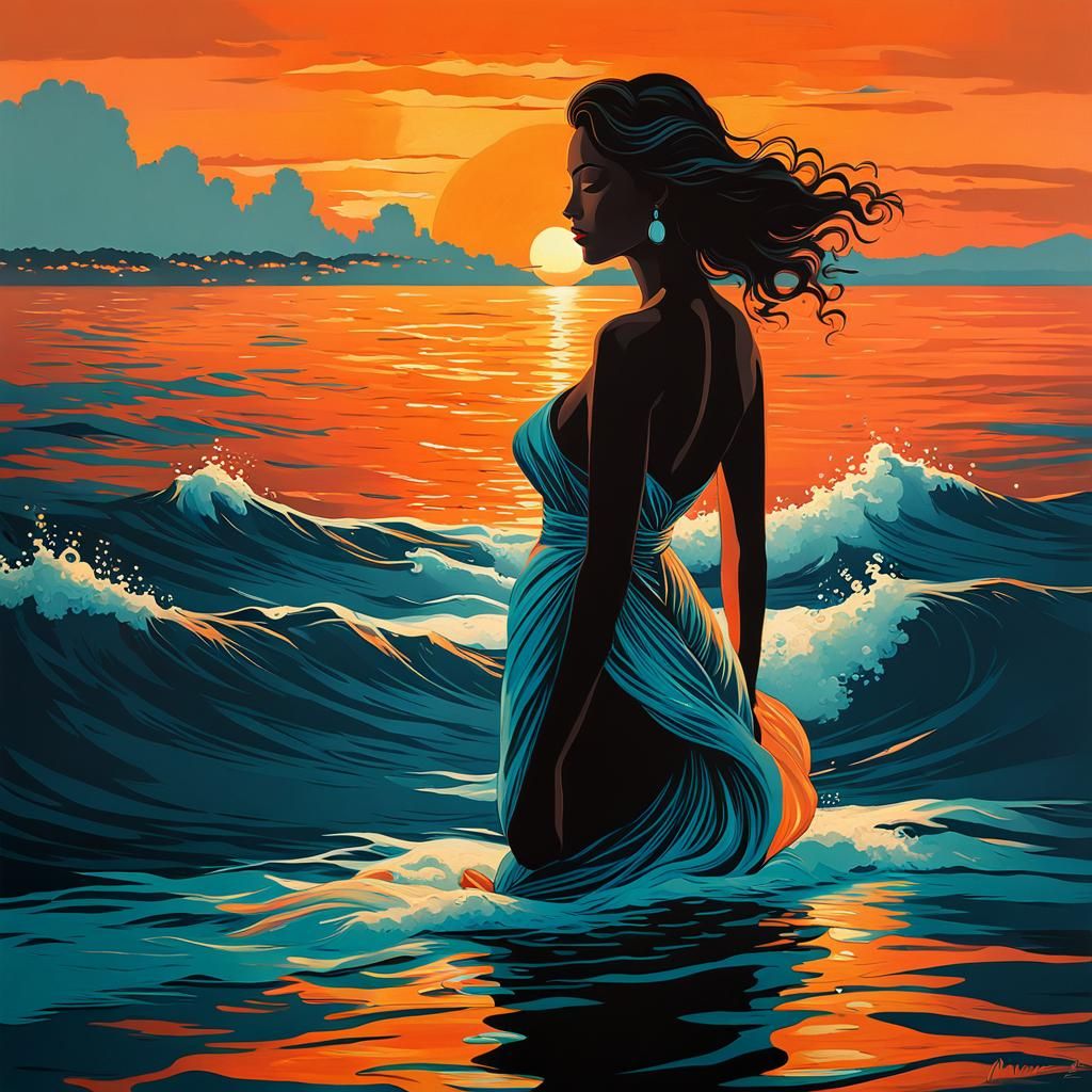 Mediterranean Sunset Impressionism: Woman on the Beach