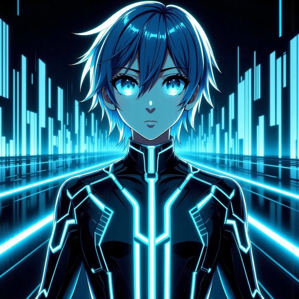 Cyberpunk Anime Grid Scene in TRON Style