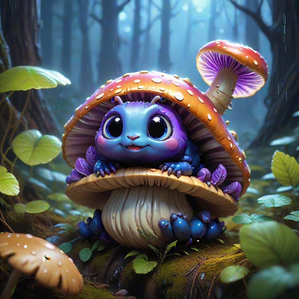 Whimsical Chibi Caterpillar Under the Moonlit Mushroom
