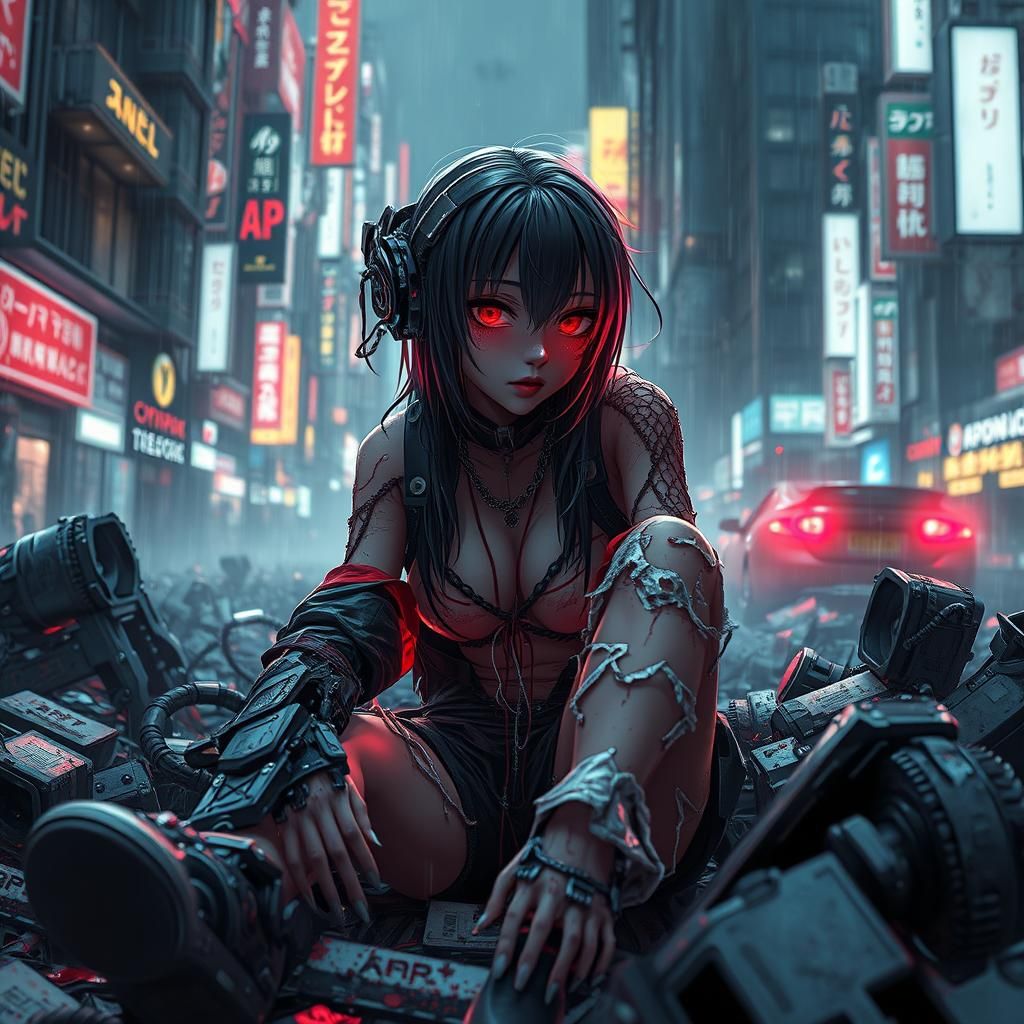Cyborg Girl Weeping in Dystopian Cyberpunk City