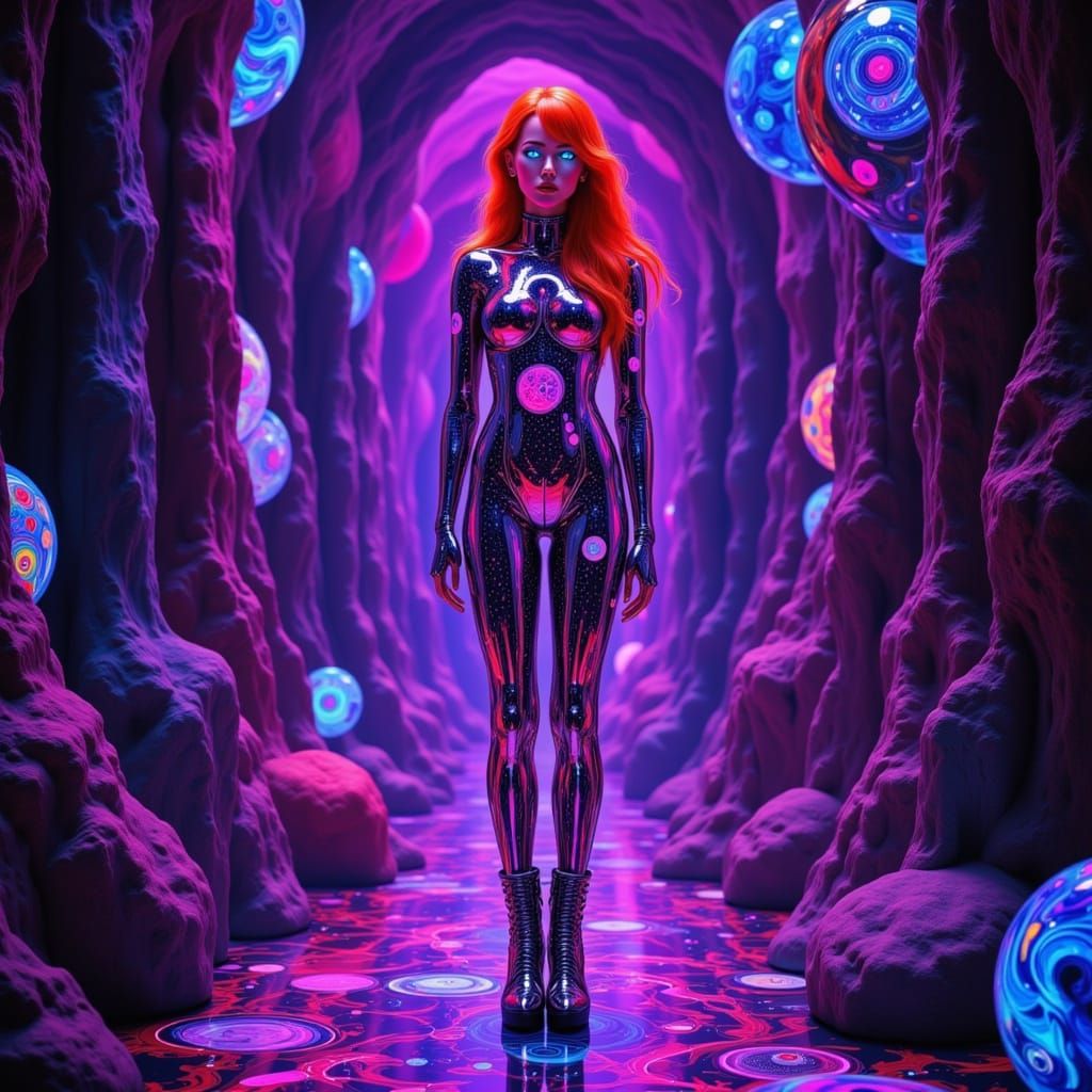 Inkpunk Woman With Orange Hair in Futuristic Uniform