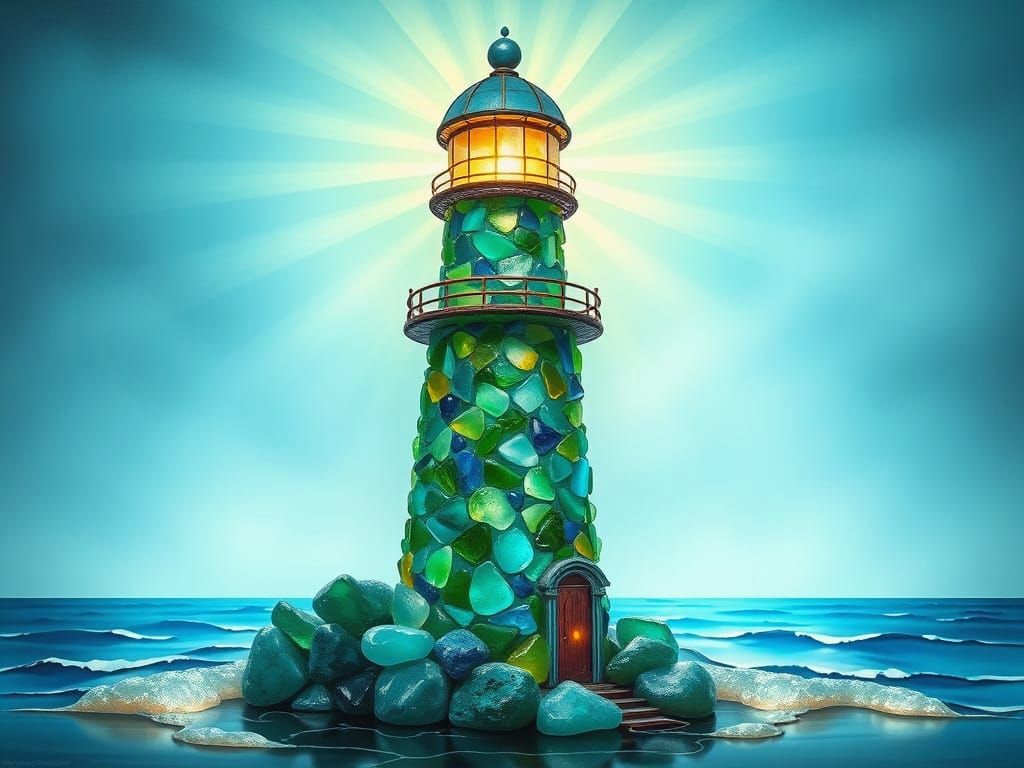 Sea Glass Lighthouse Sculpture with Luminous Glow