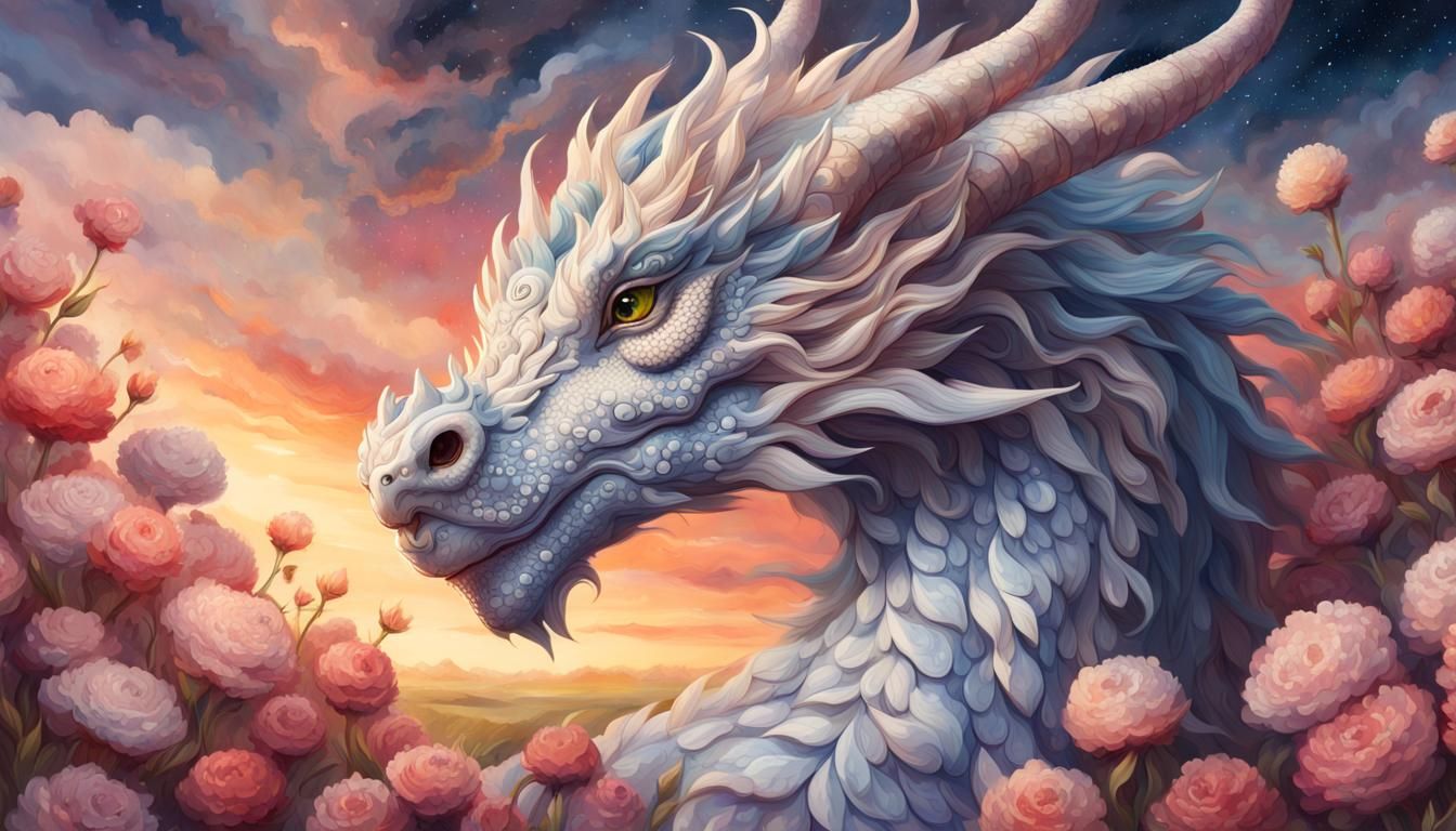 Ornate Cloud Dragon in Flower Field Sunset