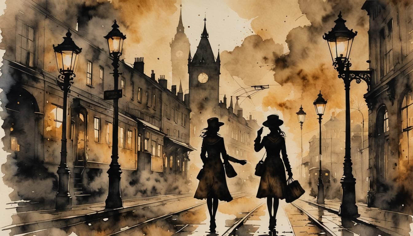 Girl Waving at Train in Steampunk Ink Painting