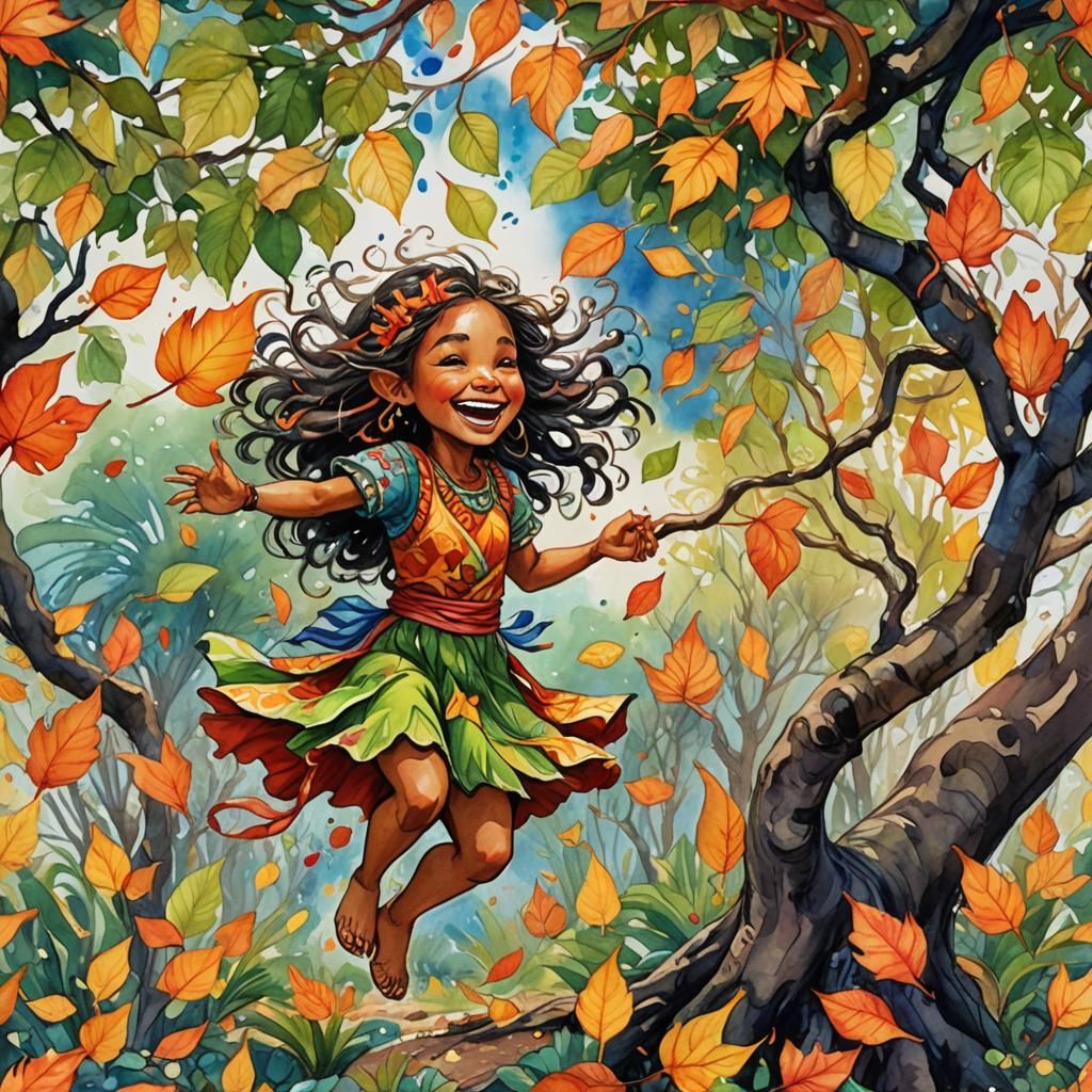 Laughing Elf Girl Playing Under a Fantasy Tree