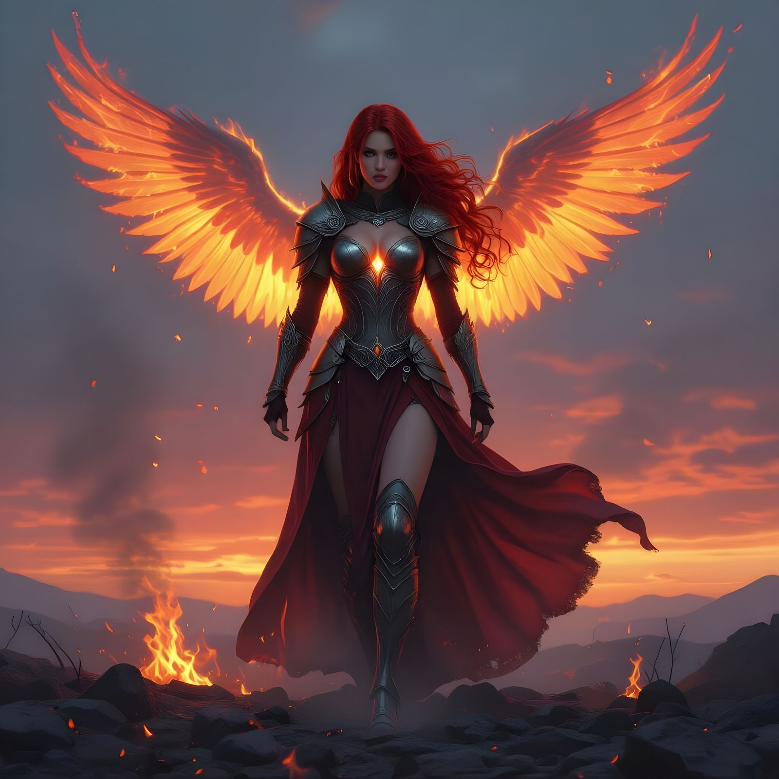 Phoenix Warrior Woman Rises in Burning Sunrise