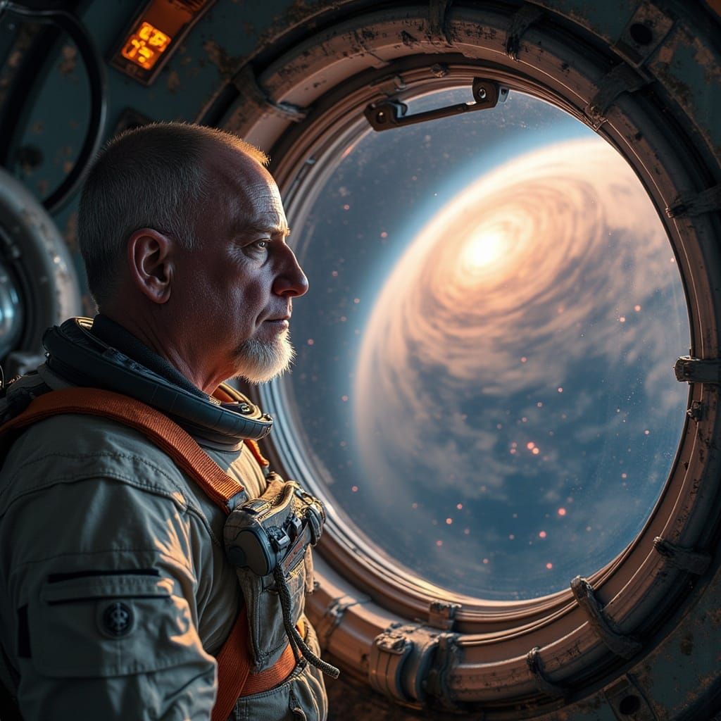 Astronaut Contemplates Binary Star System in Futuristic Spac...