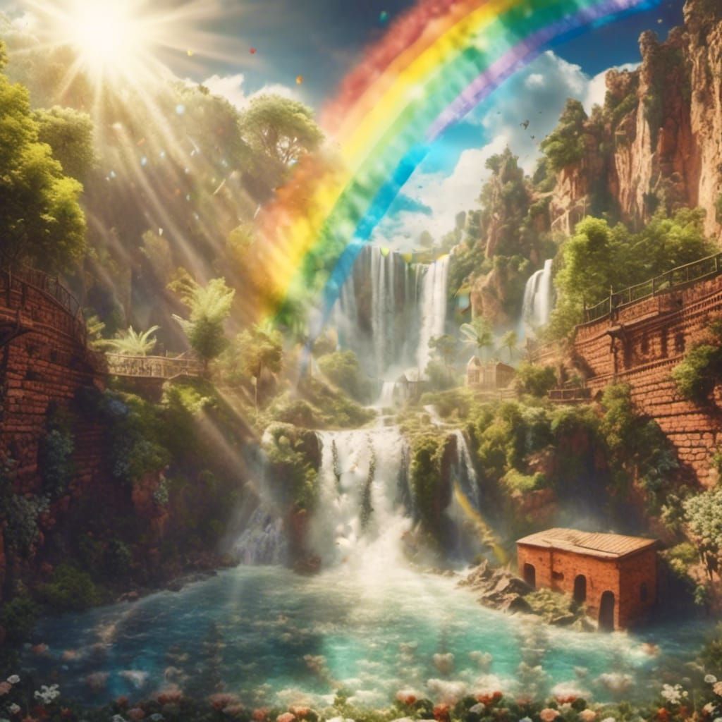Old West Scene with Trains, Waterfall, and Rainbow