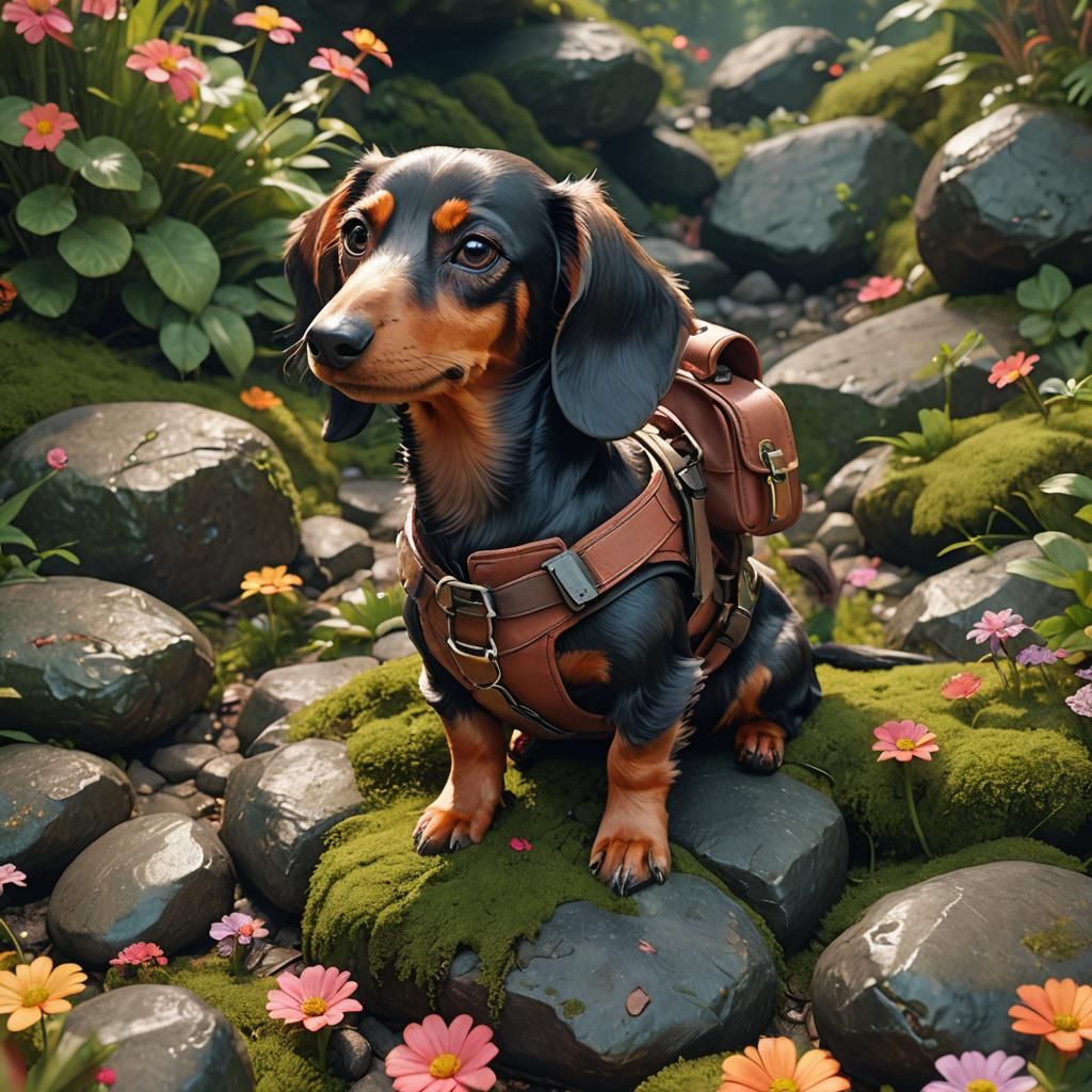 Dachshund's Floral Adventure: Hyper-Realistic 3D Anime Art