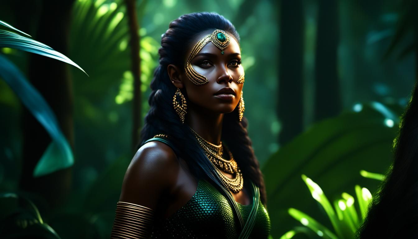 Jungle Woman with Bokeh in Dynamic Lighting
