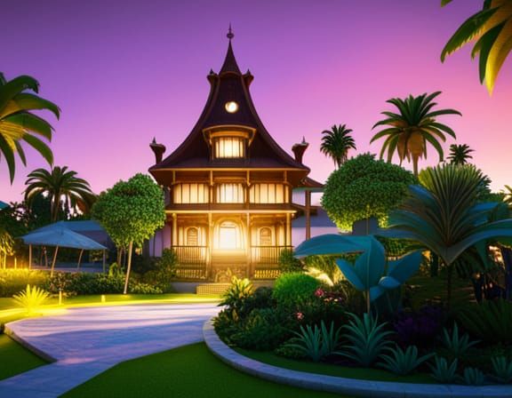 Tahiti Gothic Mansion Garden at Midnight: 3D Digital Art