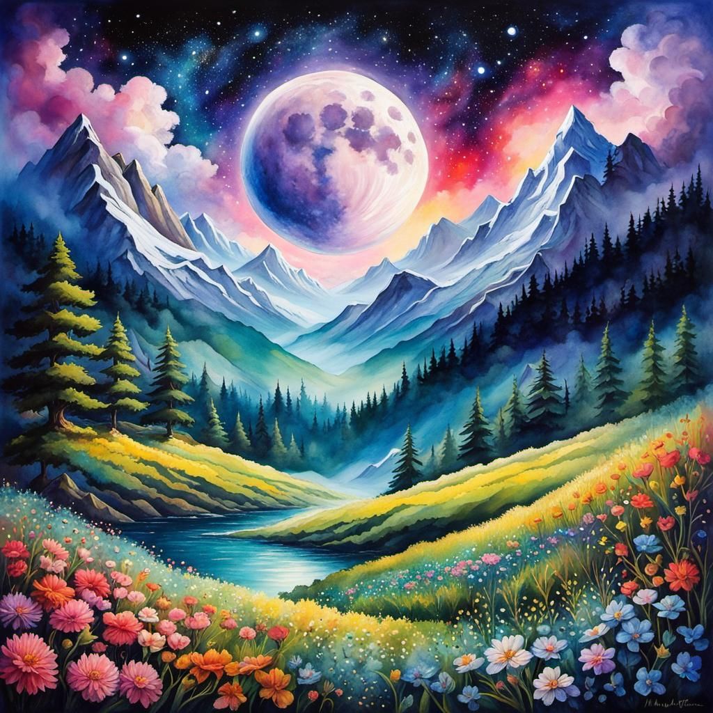 Moonlit Mountains: A Watercolor Dreamscape
