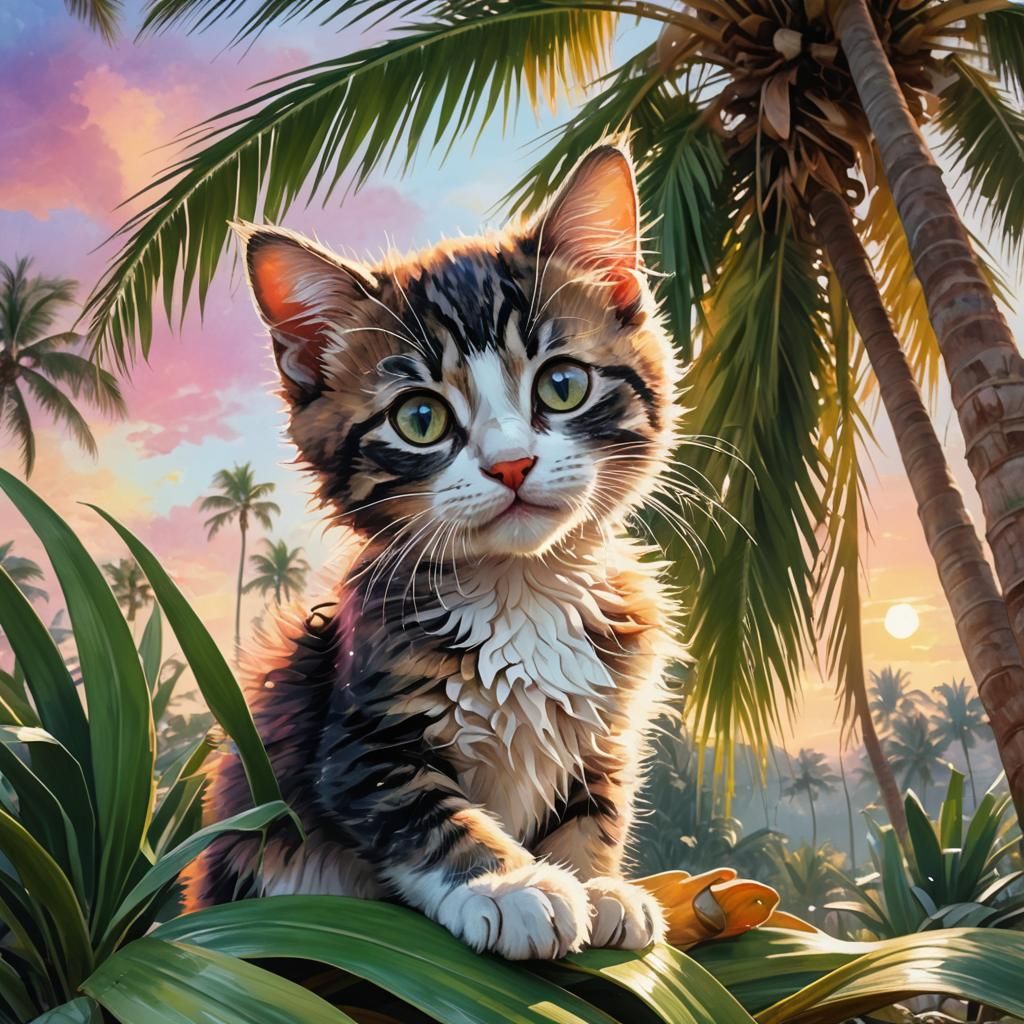 Kitten near Palm Tree at Dawn: Watercolor Concept Art
