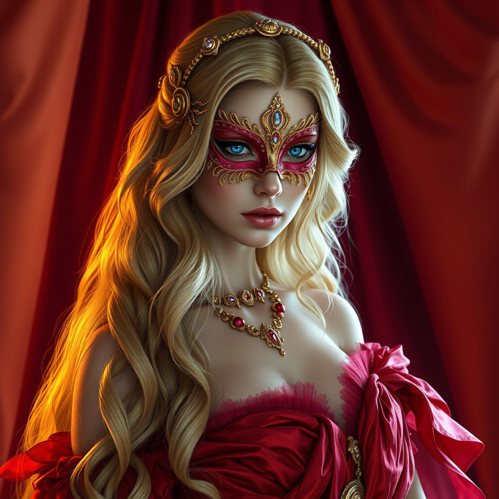Goddess in Red Dress and Gold Mask