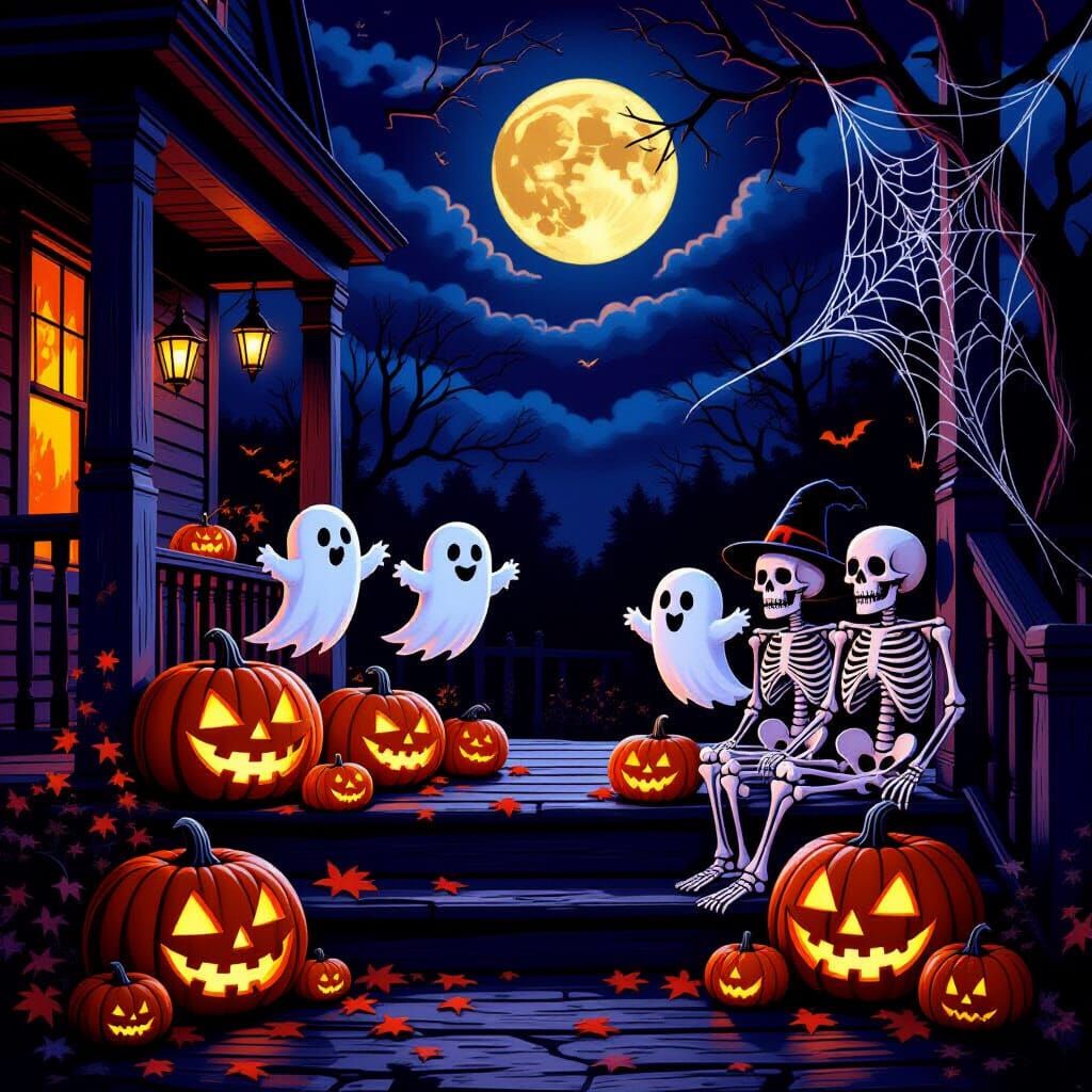 Vibrant Halloween Porch Scene with Spooky Decorations