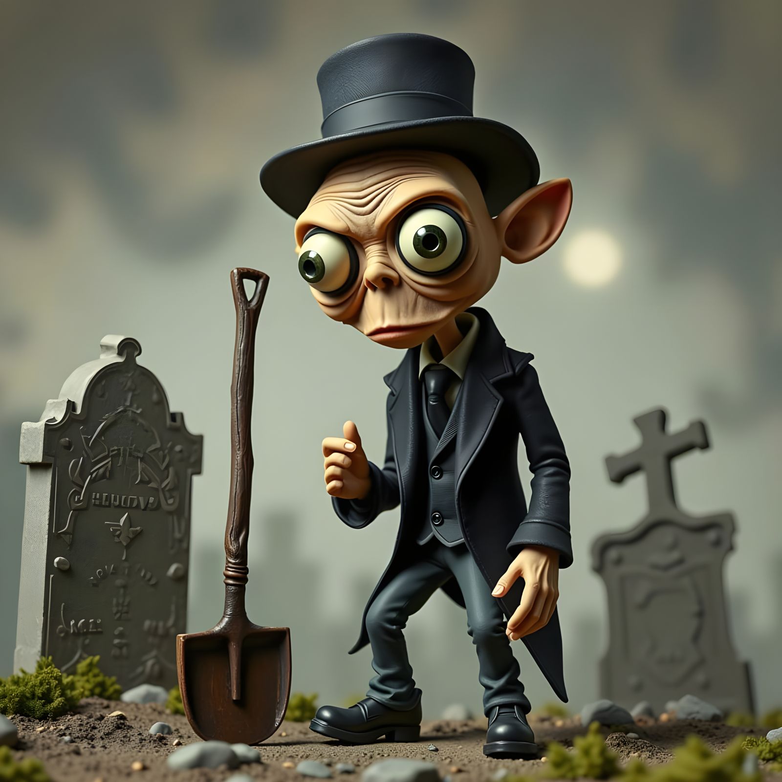 Claymation Undertaker in Moonlit Graveyard