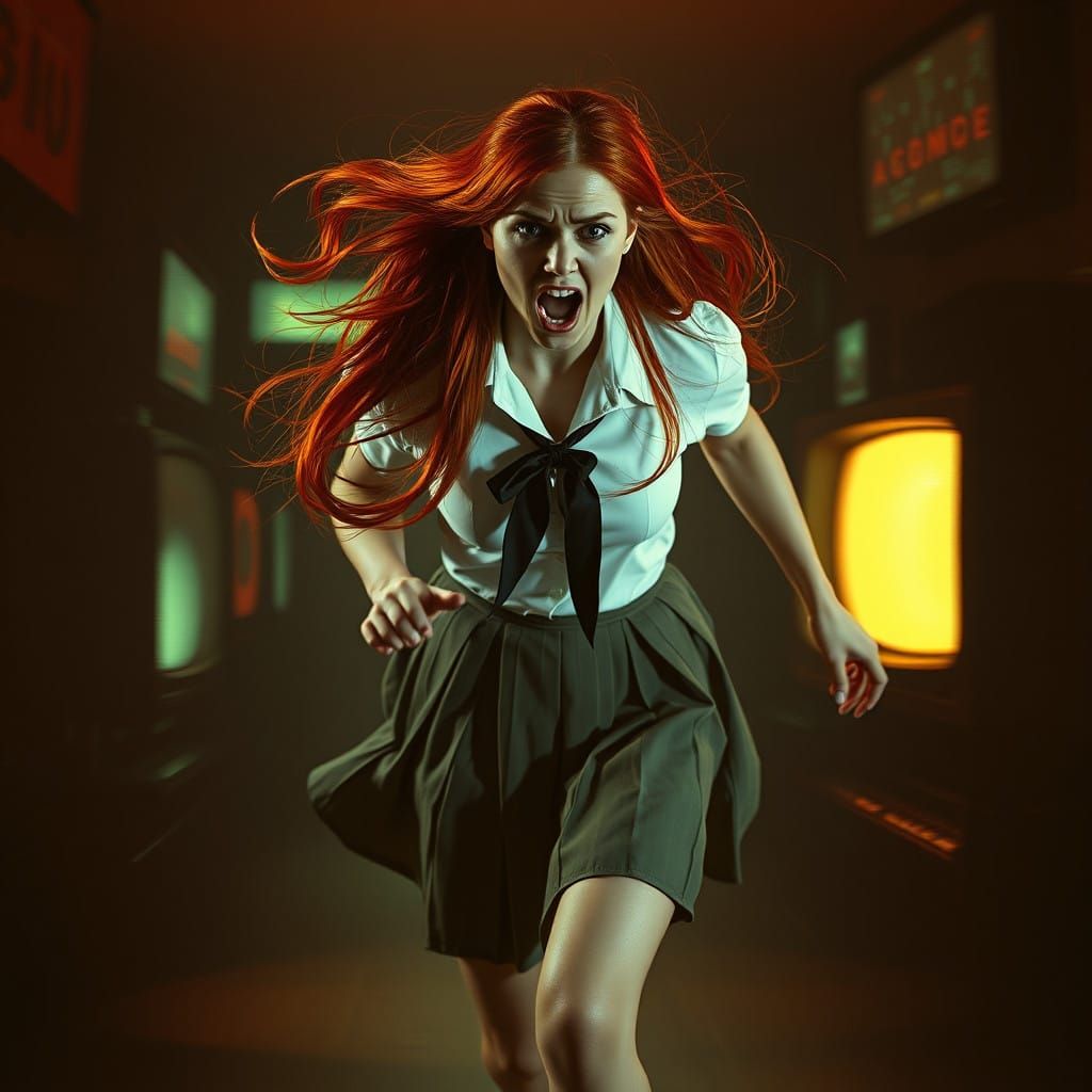 Achromatic Horror: Woman in Distressed School Uniform Runs f...