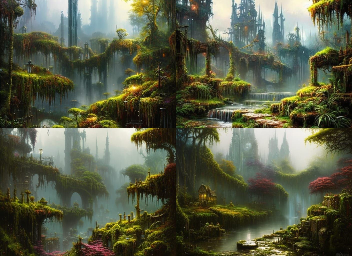 Lush Dystopian Cityscape: Overgrown Ruins in Watercolor