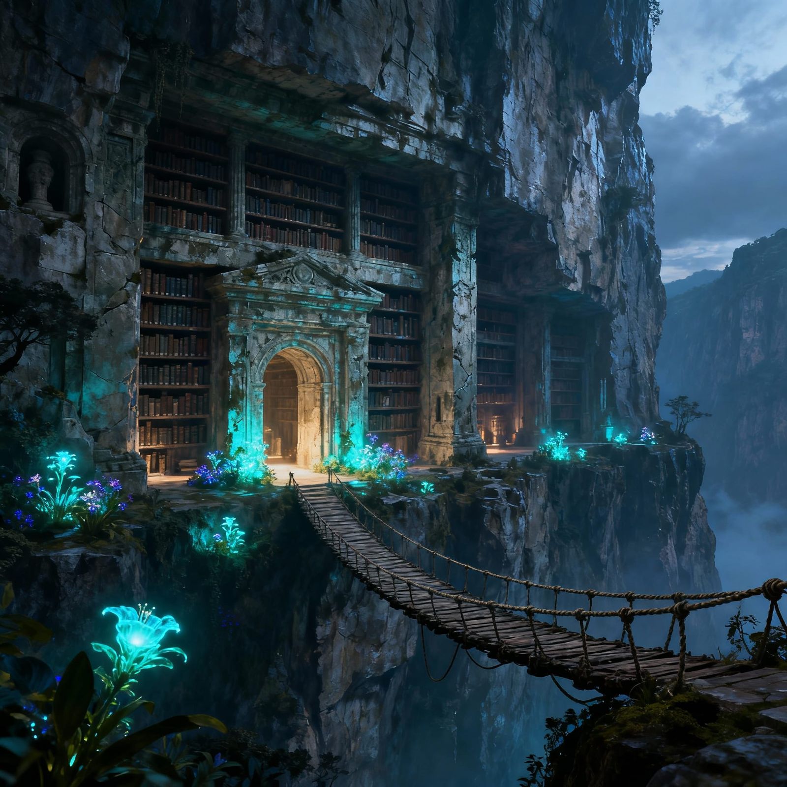 Epic Fantasy Library Carved Into Cliff Face