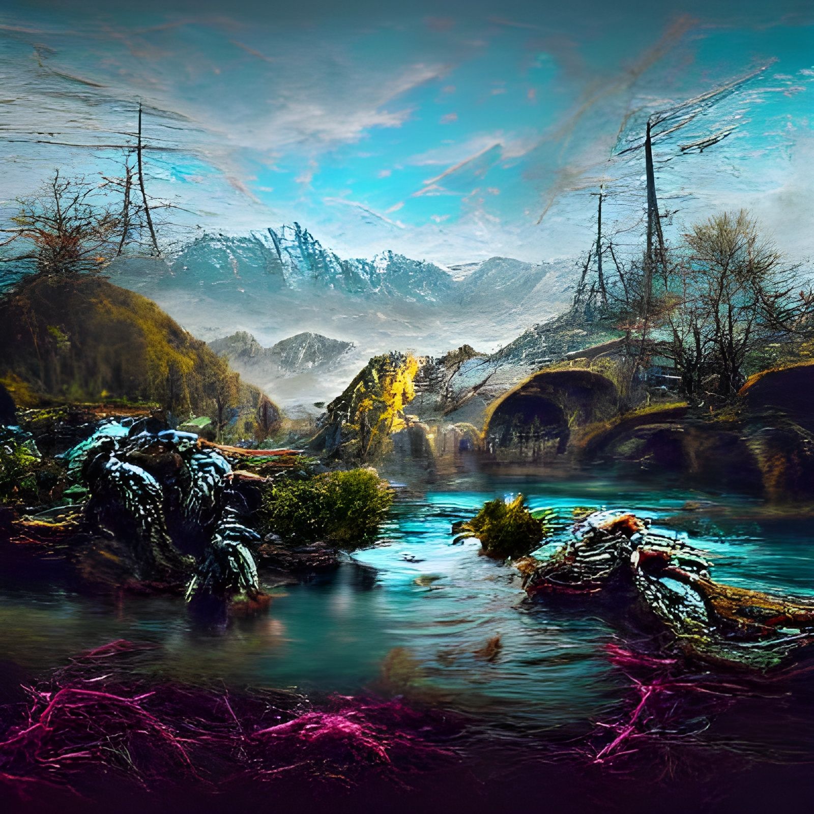 Cyberpunk Rivers and Mountains Landscape in 8K