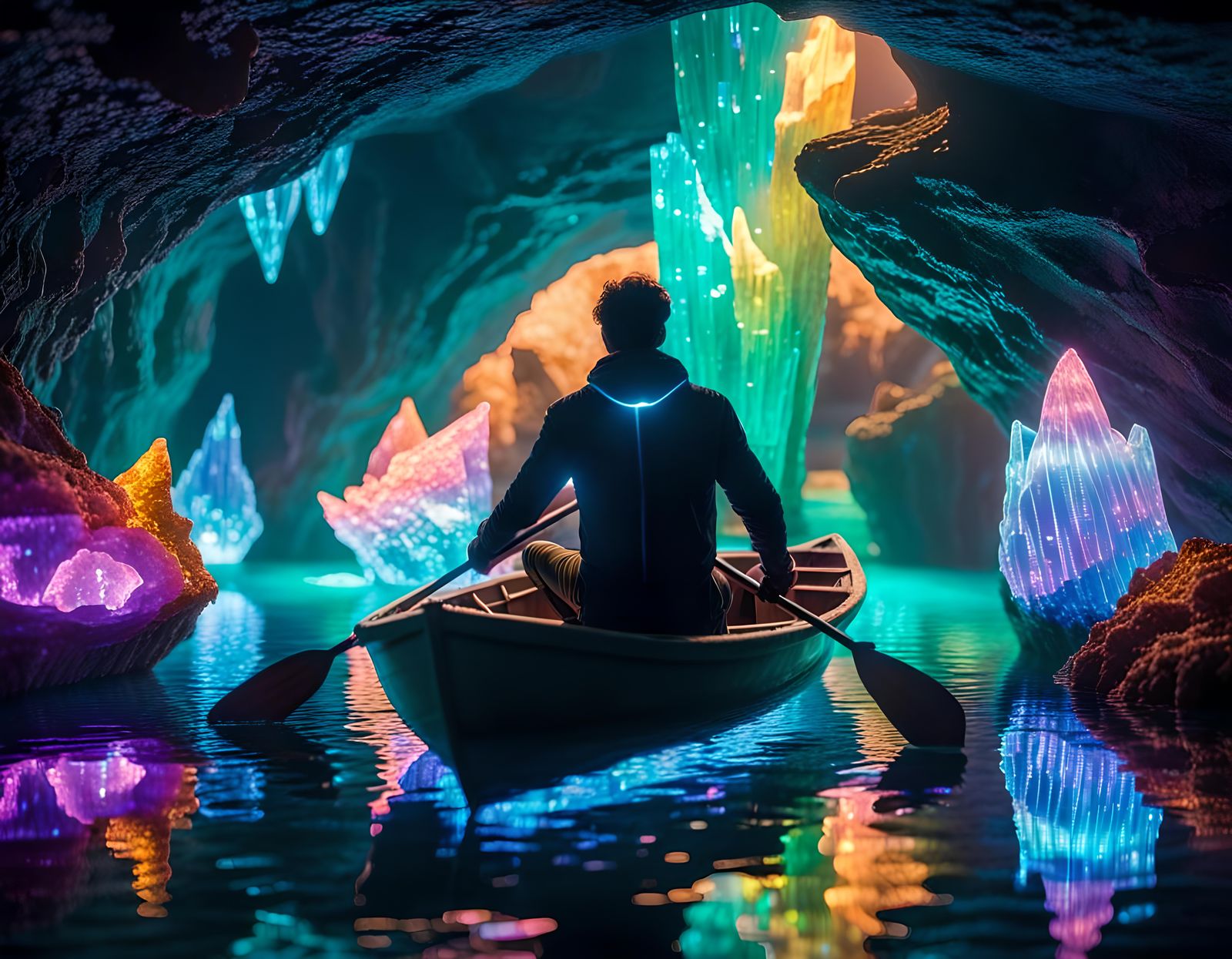 Holographic Man Explores Bioluminescent Crystal Cave