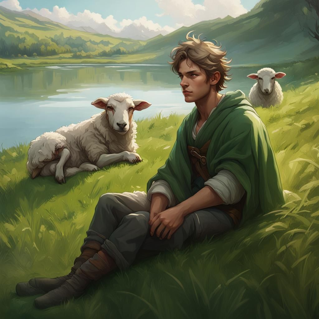 Pastoral Scene: Shepherd Boy in Field with Sheep