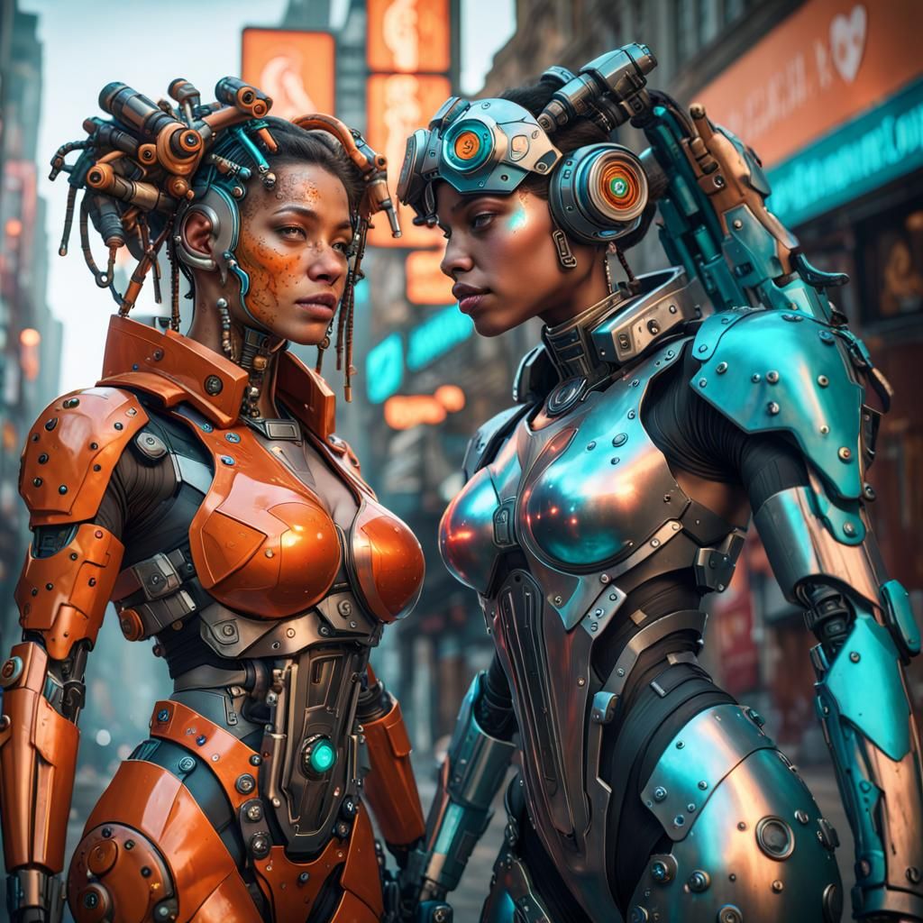 Hyperrealistic Cyborg Friends in Technopunk Style