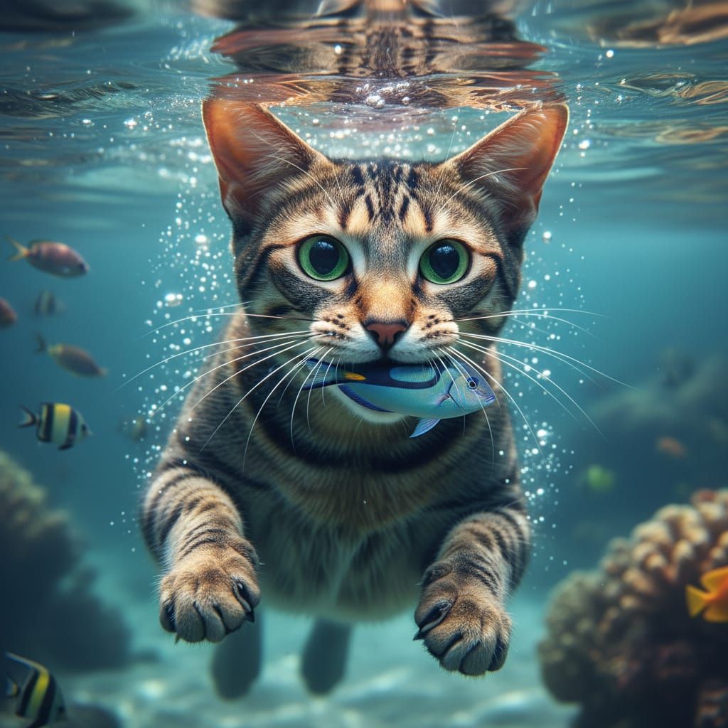 Hyperrealistic Underwater Cats with Big Eyes
