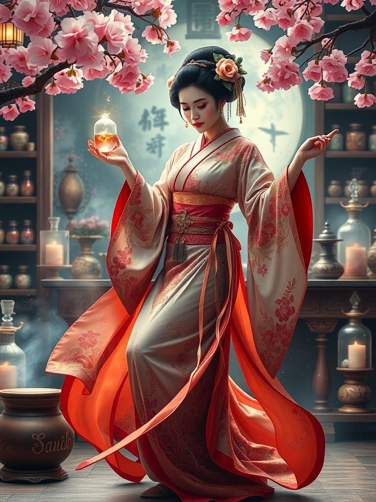 Enchanting Geisha Dances in Cherry Blossom Laboratory