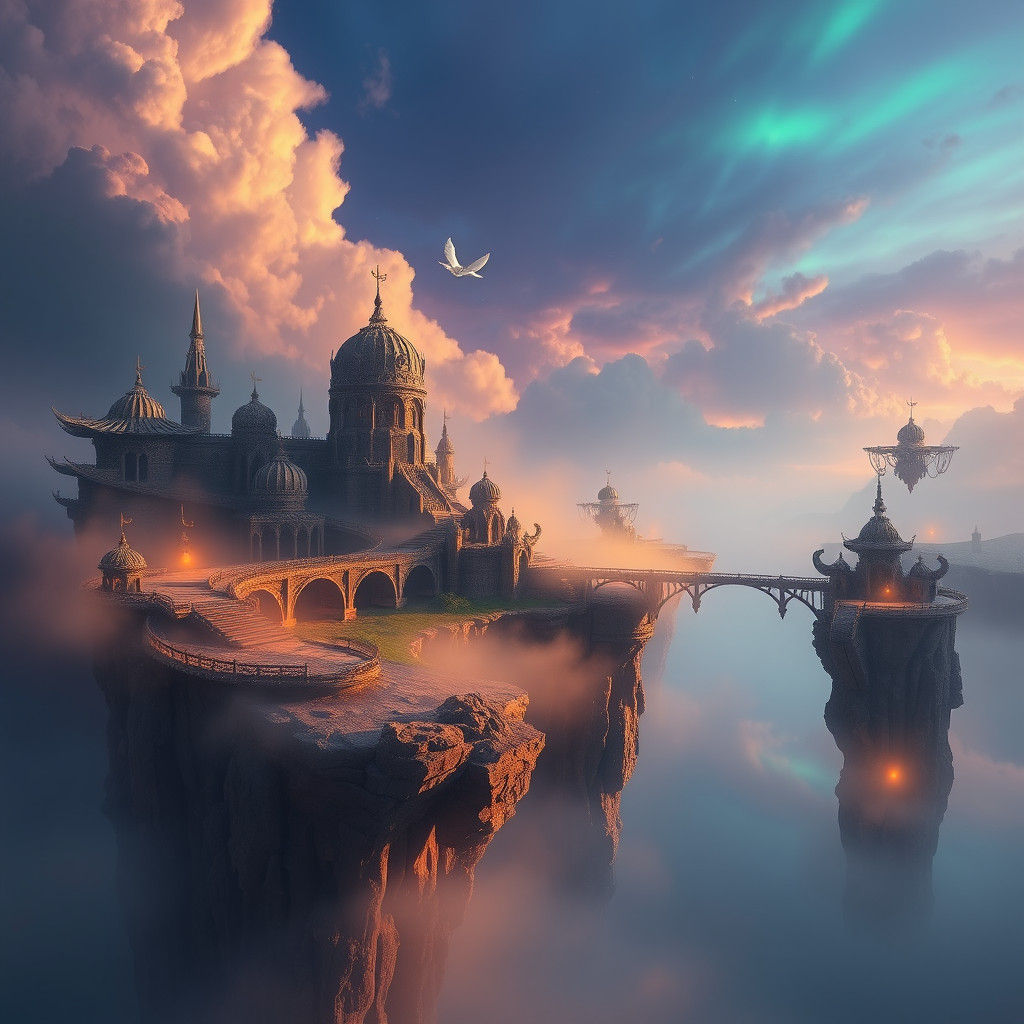 Mystical Floating Islands in Dreamy Iridescent Mist