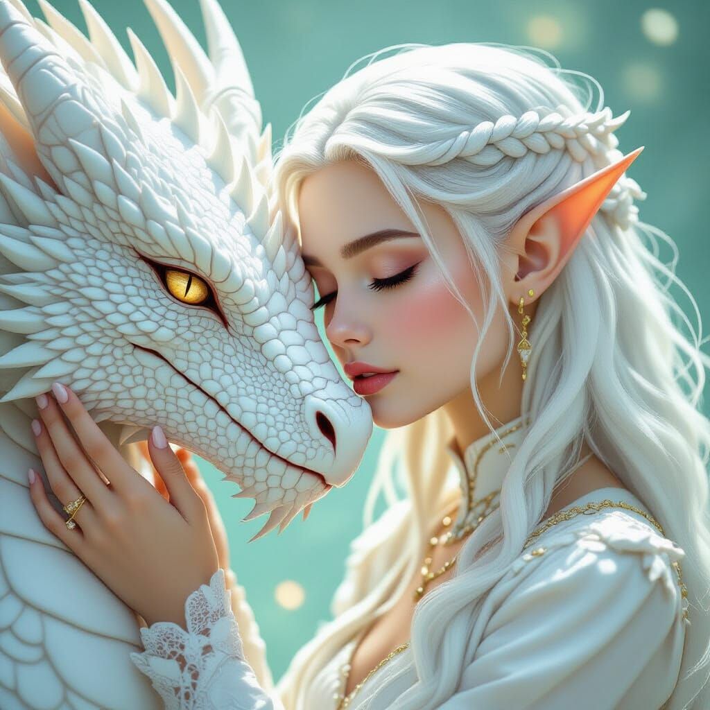 Elf and Dragon Intimate Bond: Hyperreal Celadon Art