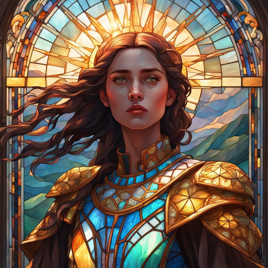 Stained Glass Sun Portrait in Art Nouveau Style