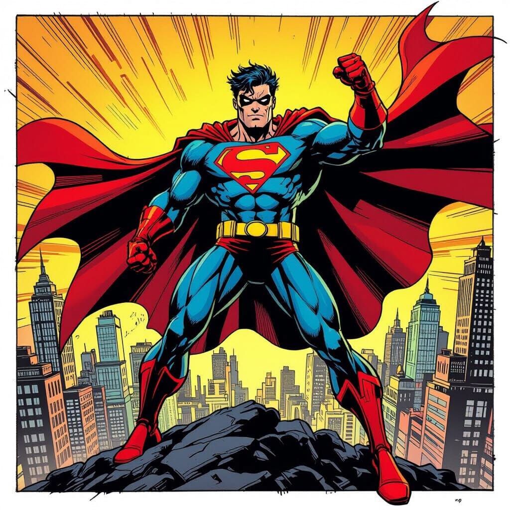 Dynamic Comic Book Character in Graphic Cityscape