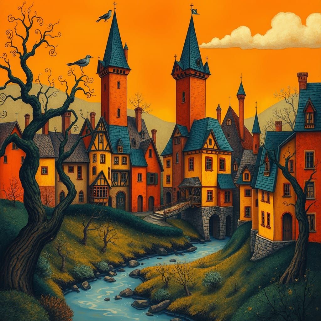 Whimsical Orange Cityscape in Maximalist Style