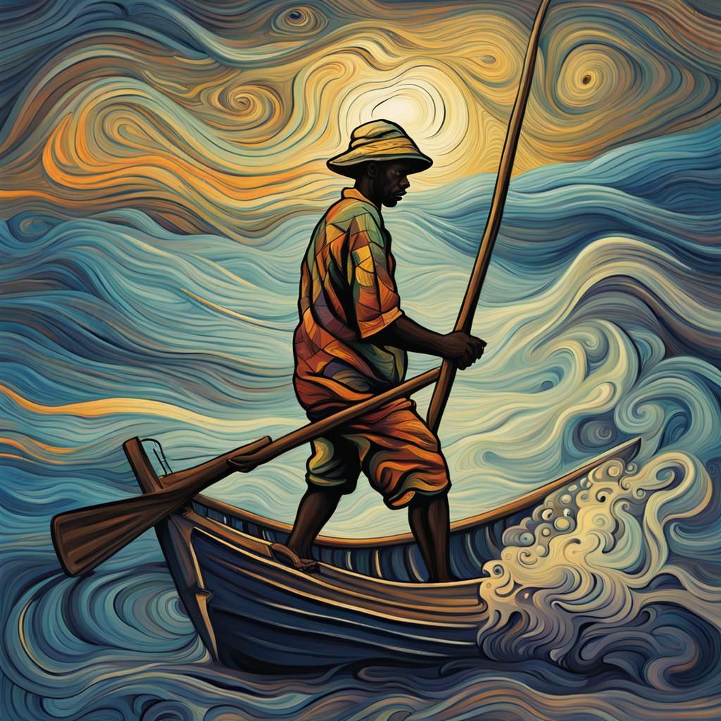 African Fisherman in Starry Night Style