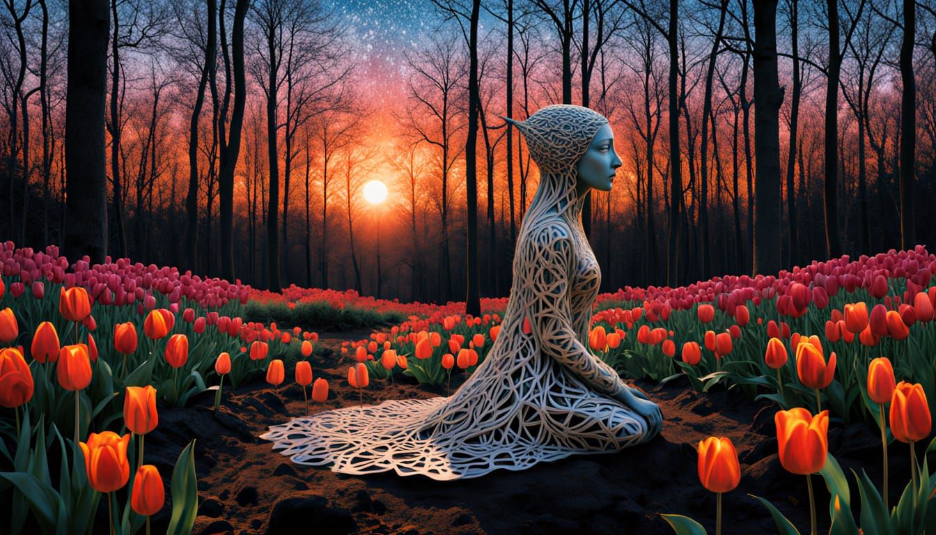 Surreal Fragmented Goddess Ascends in Whimsical Landscape